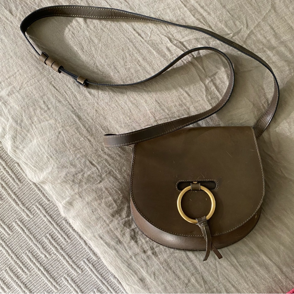 Olive green structured leather purse bag with brass buckle